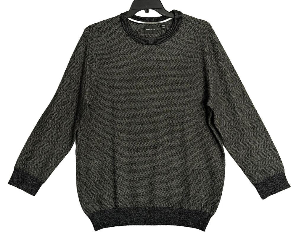 Perry Ellis Sweater Men's LT Big & Tall Yarn Herringbone Crew Neck Black NWT